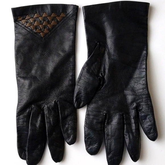 BLACK LEATHER GLOVE SILK LINING CARAMEL BRAID ITALY Classy Lady - Picture 8 of 9
